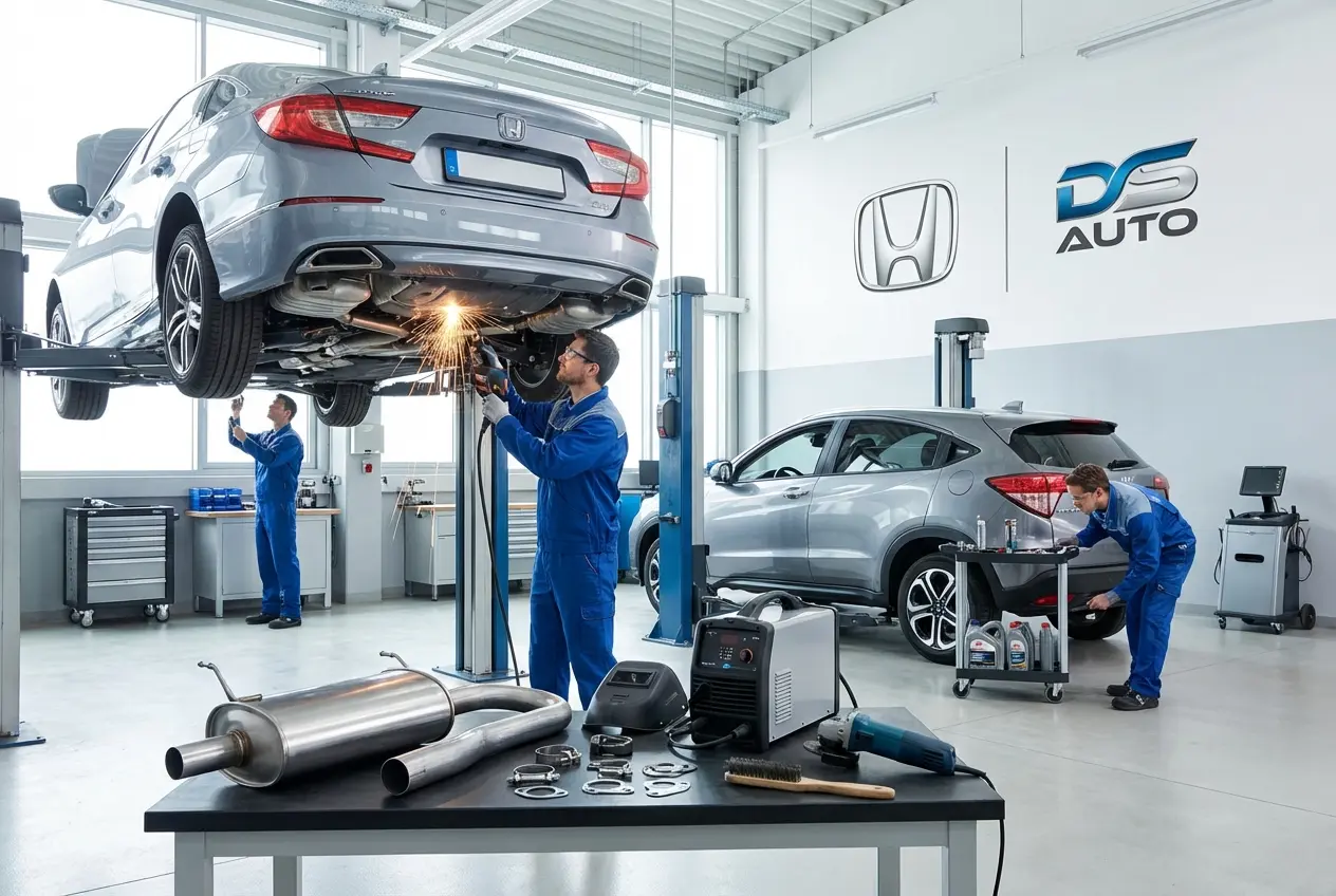 Ремонт глушителя с помощью сварки в автосервисе DS Auto Жуковский – качественное восстановление выхлопной системы Honda

