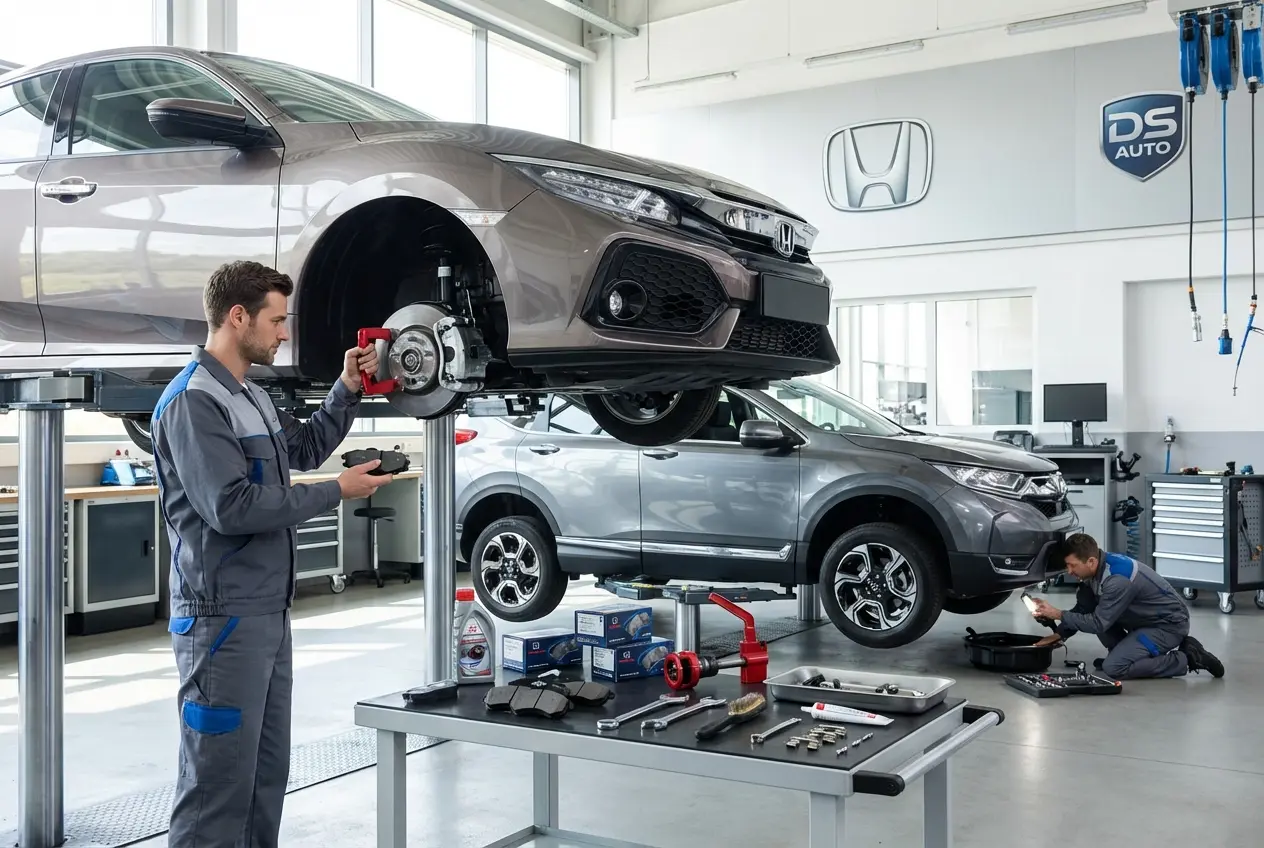 Процесс замены передних тормозных колодок Honda в автосервисе DS Auto в Жуковском
